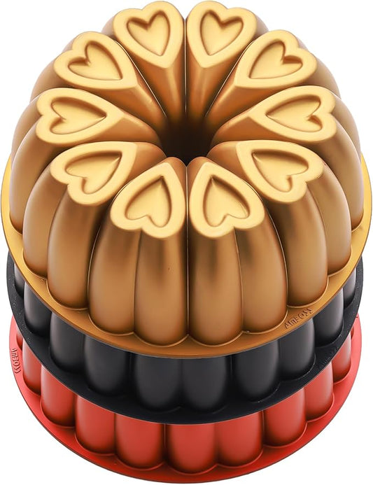 Heart Shape Cast Aluminum Molded Cake Pan, Titanium Coating, Non-Stick, 12 Cups, 10 Inch Pound Pan intended for Bundt Cakes, Gifts for Mom, Fluted Tube, Easy to Clean (3-Pack, Gold-Black-Red)