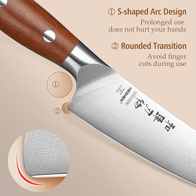 HEZHEN Petty Knife - 5.3” Chef Utility Knife, High Carbon German 1.4116 Stainless Steel Blade, Full Tang, Red Wood Handle, Premium Gift Box,