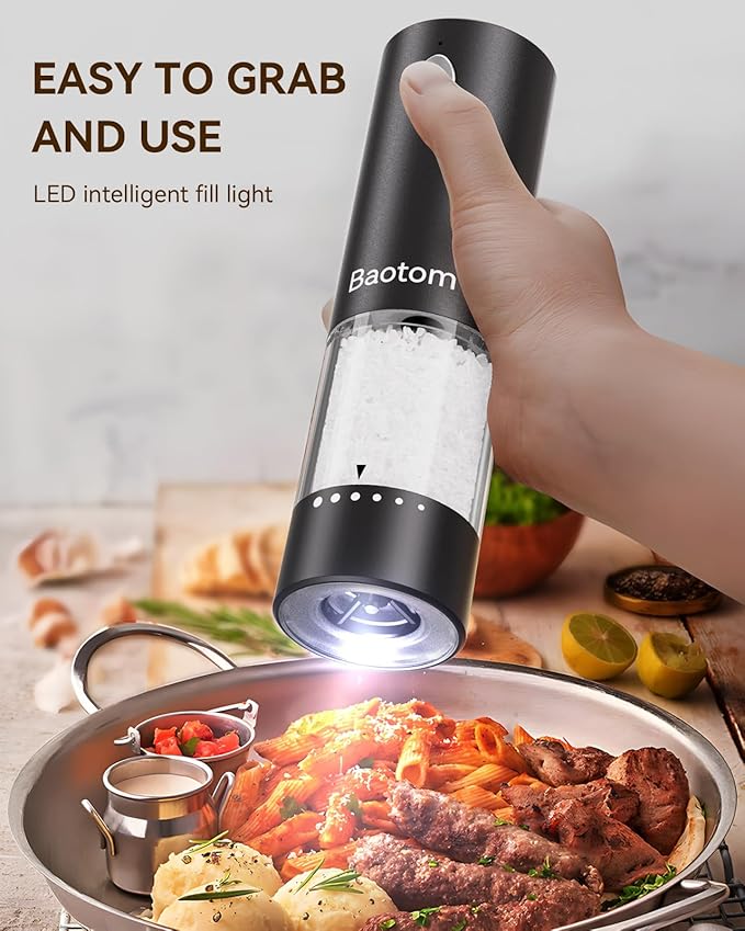 Electric Salt and Pepper Grinder Set with Dual Charging Base, 6 Adjustable Coarseness Levels & External Grind Settings, One-handed Operation Salt and Pepper Mills with LED Light,Black