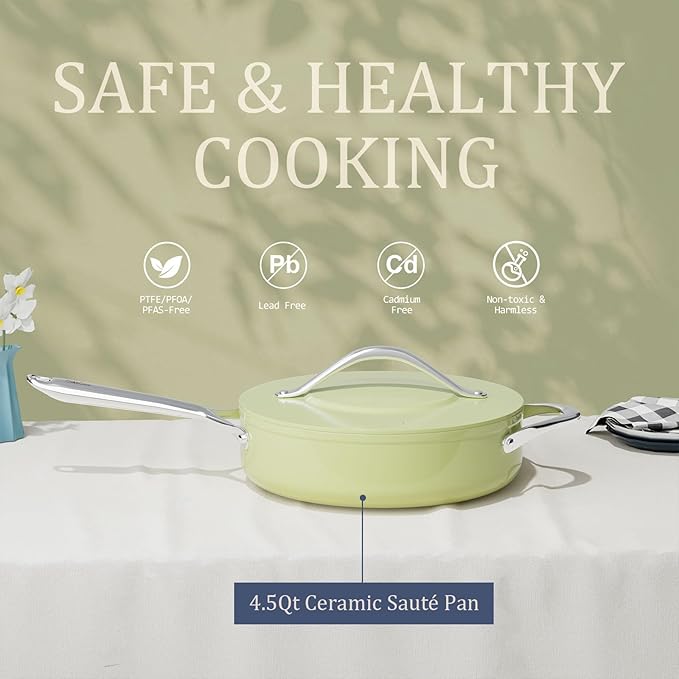 Nonstick Ceramic Sauté Pan with Lid (4.5 qt, 11") Deep Frying Pan for All Cooktops Non Toxic Skillet PTFE/PFAS Free, Dishwasher & Oven Safe up to 500°F w/Stay-Cool Handle, Olive Green