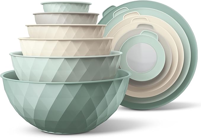 COOK WITH COLOR Mixing Bowls with Lids - 12 Piece Plastic Nesting Bowls Set includes 6 Prep Bowls and 6 Lids, Diamond Design - Microwave Safe, Mint