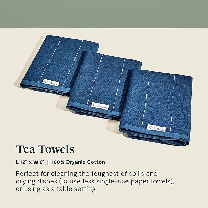 Caraway Tea Towels - Reusable Dish Towels - Made from 100% Organic Cotton - Highly Absorbent & Lint-Free - Perfect for Kitchen Cleanup or Table Setting - Extra Large Size - Navy