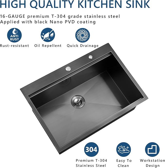 30 Inch Black Drop In Kitchen Sink, Doirteal 30x22 Inch Black Workstation Sink Topmount 16 Gauge Stainless Steel Single Bowl Kitchen Sinks BL19S-1