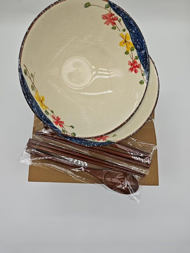 2 x 40 OZ ceramic ramen bowls, 8 IN large Japanese noodle soup bowl, match chopsticks and spoons, suitable for Pho, Udon Asian noodles (Colorful flowers 2 set)