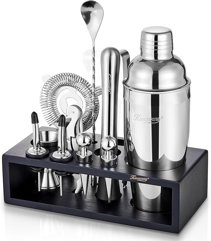 KITESSENSU Cocktail Shaker Set with Stand | Mixology Bartender Kit Bar Set with Essential Bar Accessories for Home Bar: Martini Shaker, Jigger, Muddler, Bar Spoon | Drink Mixer Cocktail Kit