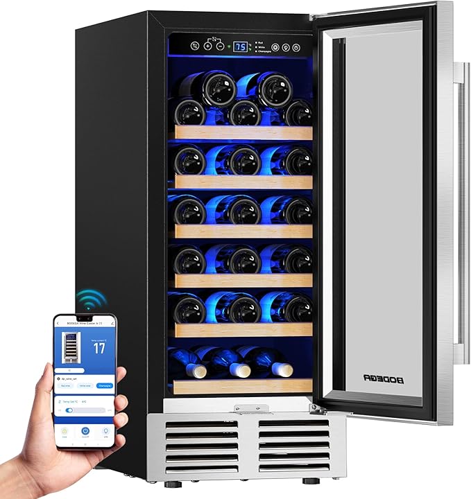 BODEGA 15 Inch Wine Fridge Under Counter, Freestanding Wine Cooler Refrigerator with Glass Door, Hold 31 Bottles, With App Control, For Kitchen, Bedroom, Home, Office