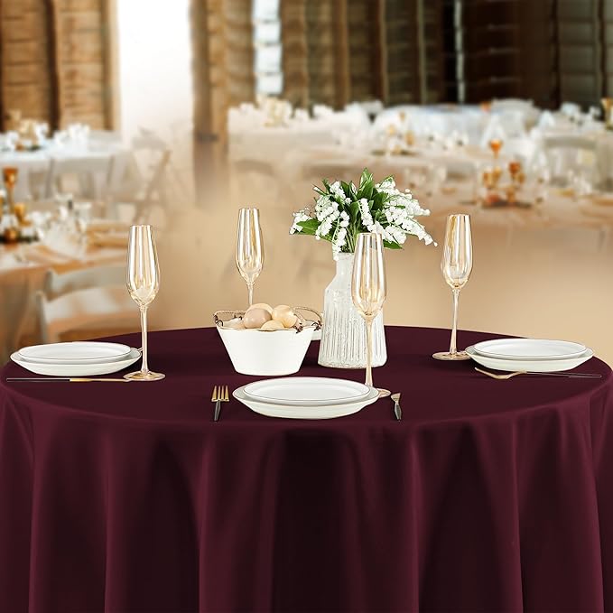 Fitable 8 Pack Round Tablecloths: Stain Resistant Wrinkle Free Circle Table Clothes, Washable Reusable Polyester Table Covers for Wedding Party Birthday Banquet Reception(Burgundy, 120 Inch)