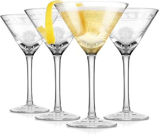 Premium Delight Vintage Cocktail Glasses Set of 4, 9.6 oz – Hand-Blown with Etched Long Stem, Classic Glassware for Weddings, Dinners, and Holiday Gifting (Martini Glasses)