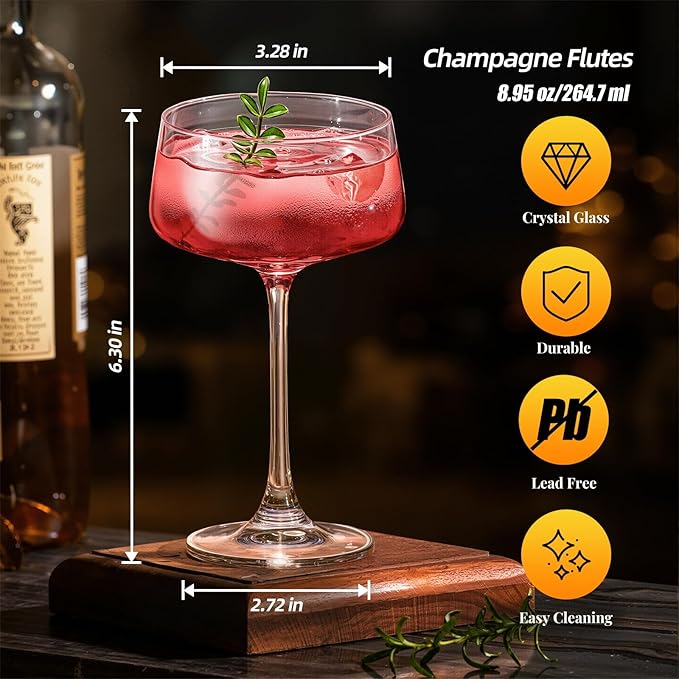 KAMMAK Coupe Glasses Set of 2, 8.9oz Crystal Cocktail Glasses, Classic Cocktail Glassware for Espresso Martini, Margarita, Manhattan, Modern Bar Drinkware for Party, Beach, Anniversary