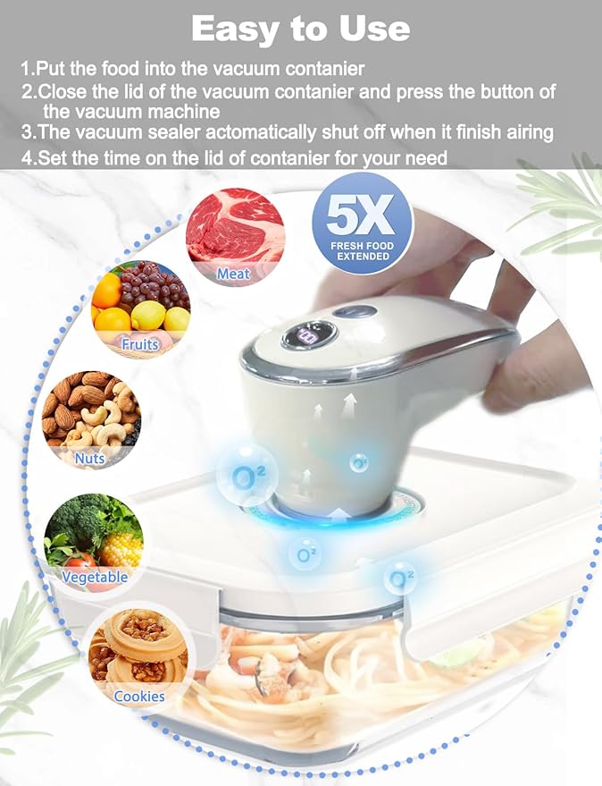 WanshengLe Vacuum Sealer for Food (Compact Vacuum Sealer Machine + Glass Vacuum Container + 5 Reusable Vacuum Bags) Powerful Handheld Vacuum Sealer Machine, Portable Food Sealer, Food Storage