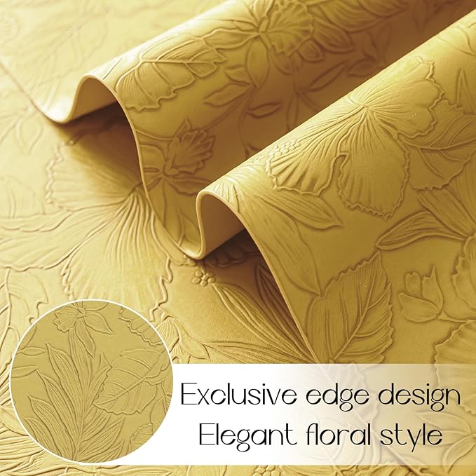 Romanstile Vinyl Placemats Set of 8-12 X 18 Inch - Heat Resistant Non-Slip Embossed Floral Place Mats 100% Waterproof Oilproof Wipeable Faux Leather Table Mats for Kitchen/Dining/Party, Yellow
