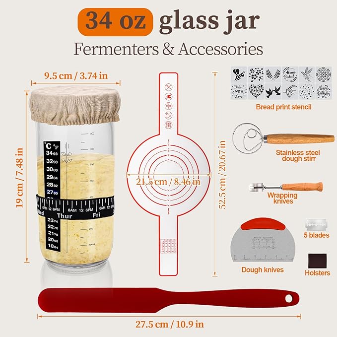 Sourdough Starter Kit, 34oz Large Sourdough Starter Jar Glass 2Pack, Sourdough Bread Baking Supplies, Fermentation Jar Bread Making Tools, Wide Mouth Glass Jar for Sourdough Bread Loaf Flour