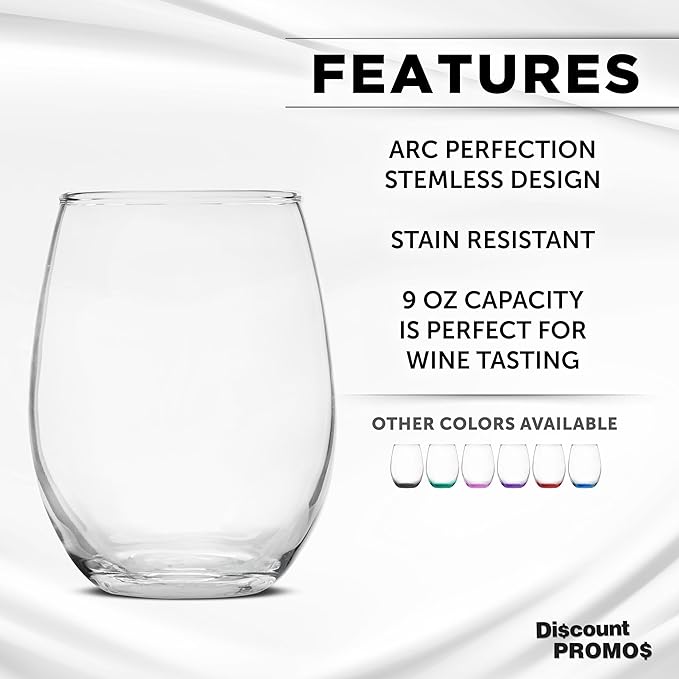 DISCOUNT PROMOS Stemless Wine Glass 9 oz. Set of 10, Bulk Pack - Great for Wedding Favors, Bachelorette Party and More - Clear Bottom Color