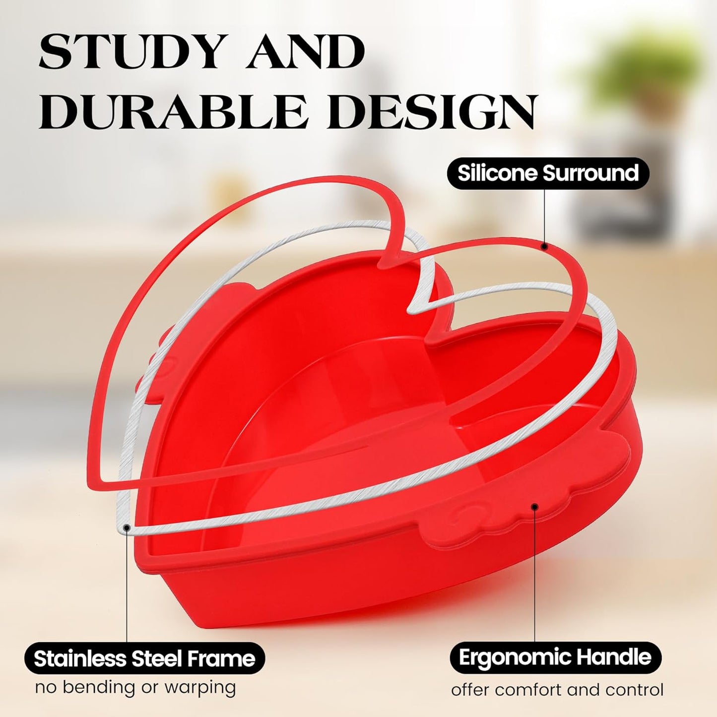 10 Inch Heart Shaped Cake Pans with Metal Reinforced Frame Silicone Heart Cake Pan for Valentine's Day Nonstick Large Silicone Heart Molds for Baking (Red, 1 Pc)