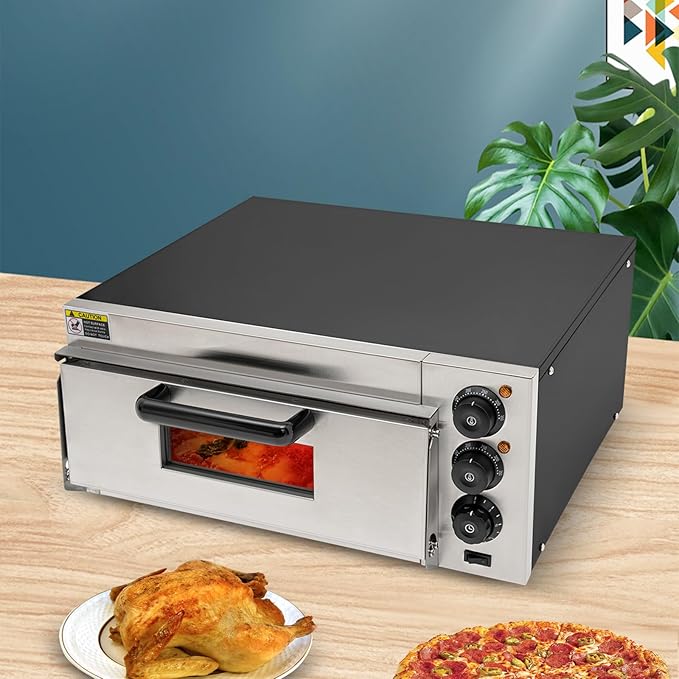 1800W Electric Pizza Oven Indoor Countertop Commercial Pizza Oven Stainless Steel Pizza Cooker w/Pizza Stone 122-662°F Heat Adjustable 0-30min Timer 20L/5.28Gal for Restaurant Home (Black)