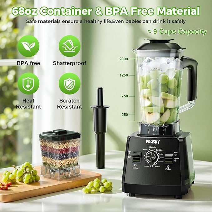 Professional Blender,Smoothies Blenders, PRASKY Max.2400Watts/1000Watts Blender and Grinder Combo 25000RPM Powerful Kitchen 68oz BPA Free 2 Containers Countertop Blenders Ice Crushing