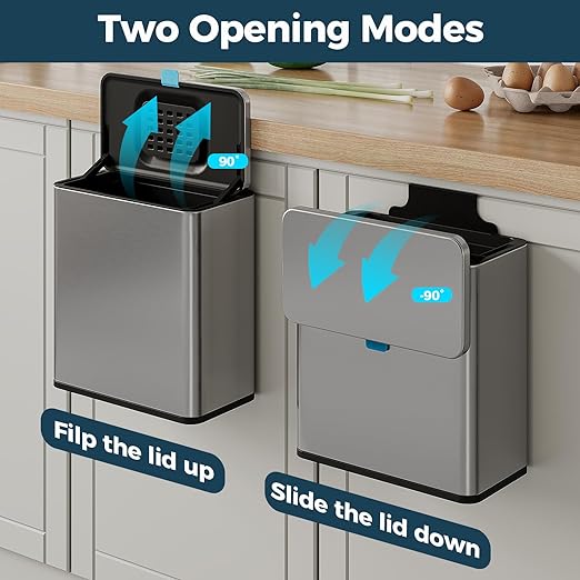 Stainless Steel Hanging Trash Can with Lid and Inner Bucket, 2 Gallon Kitchen Compost Bin for Counter Top, Under Sink or Wall Mount, Small Garbage Can for Cupboard/Bathroom/Bedroom/RV