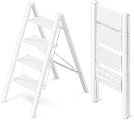 GameGem 4 Step Ladder, Aluminum Folding Step Stool with Anti-Slip Sturdy and Wide Pedal, Lightweight Portable Stepladder for Home and Kitchen Use, Cream White, 330 lbs