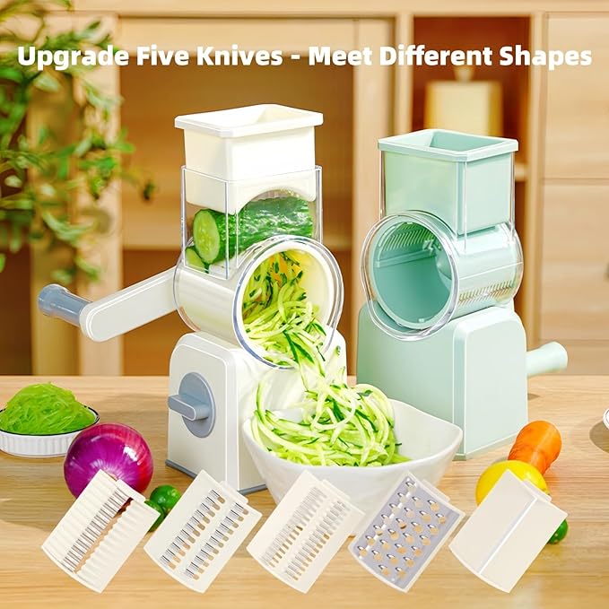Rotary Cheese Grater with Handle,Replaceable Stainless Blades Cheese Shredder,Multi-Functional Cheese Vegetable Slicer with Storage Box,Easy to Clean Kitchen Gadgets with Storage Box (Green, 3 Blades)