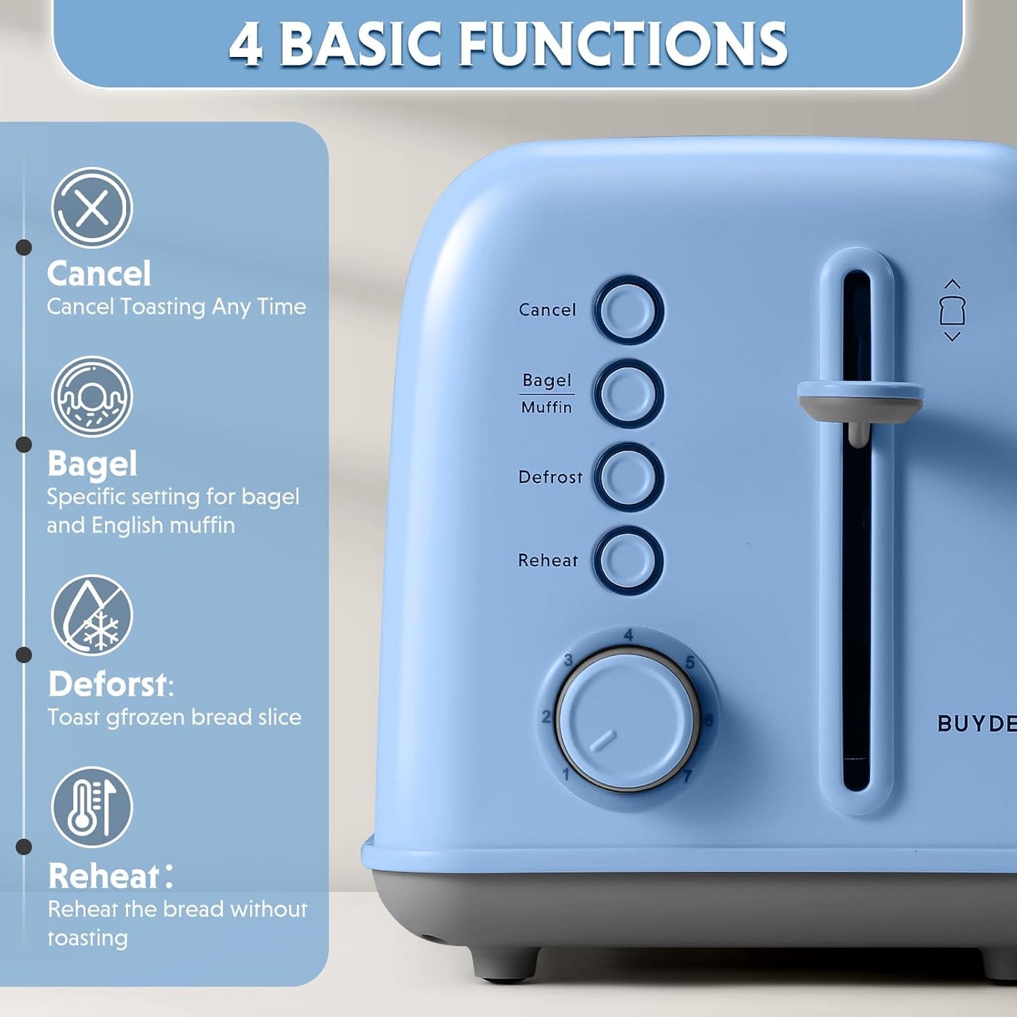 BUYDEEM DT620 2-Slice Toaster, Extra Wide Slots, Retro Stainless Steel with High Lift Lever, Bagel and Muffin Function, Removal Crumb Tray, 7-Shade Settings,Blue