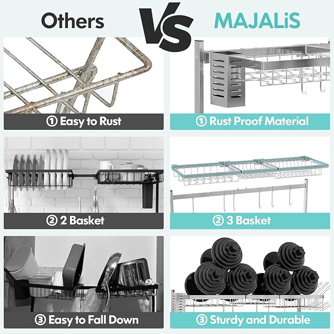 MAJALiS Over Sink Dish Drainer Drying Rack, 2 Tier Stainless Steel Dish Rack Over Sink Sink Length Adjustable (33.5-40 in), Expandable Drainer Shelf Rack with Multifunctional Organizers, Sliver