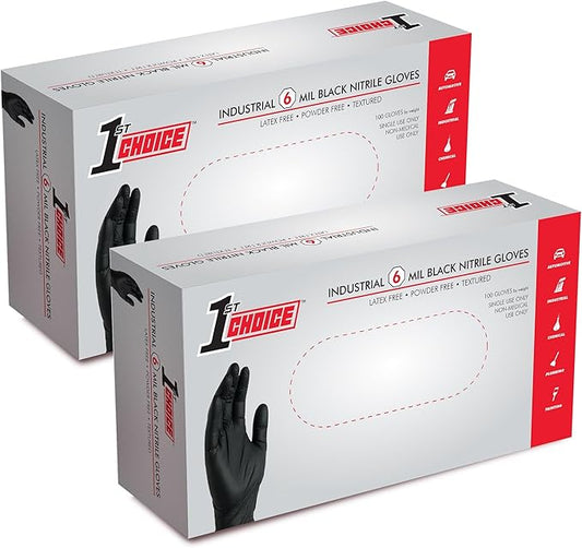 1st Choice Black Nitrile Gloves, Disposable, Latex-Free, 6 Mil, Textured, Industrial, for Mechanics, Cleaning, Automotive Use