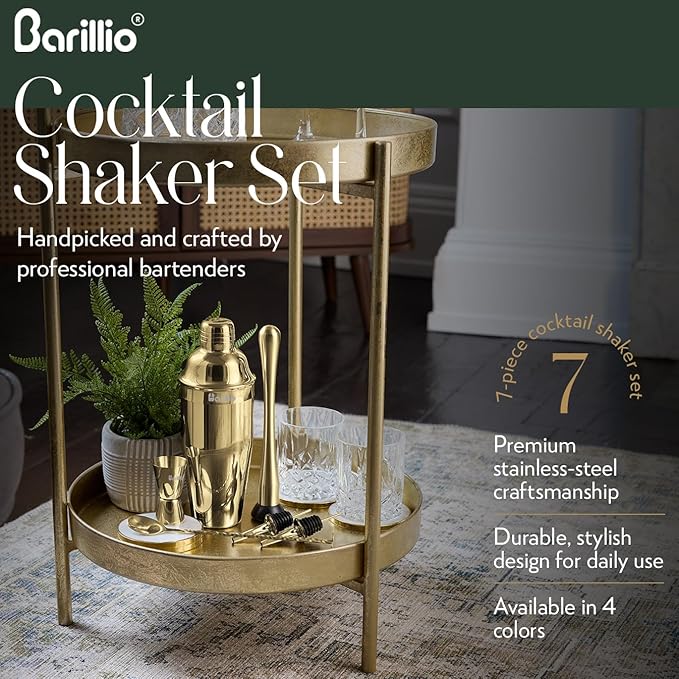 Barillio Gold Mixology Bartender Kit - 8 pcs Stainless Steel Travel Cocktail Shaker Set with Bag - Bar Tools Set with Martini Shaker, Drink Mixer Spoon & Mojito Muddler for Cocktails, Pourers & Jigger