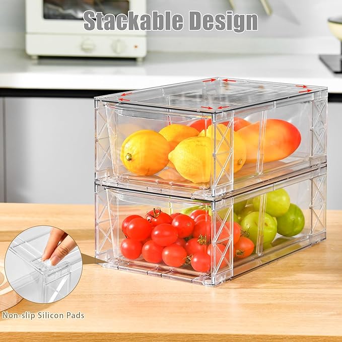 6Pack Pantry Organizers and Storage,Clear Stackable Kitchen Storage Organizer,Foods Organizer Bins with Handles, Easily Assemble for Bathroom, Kitchen, Refrigerator, Pantry, Cabinet, Closet