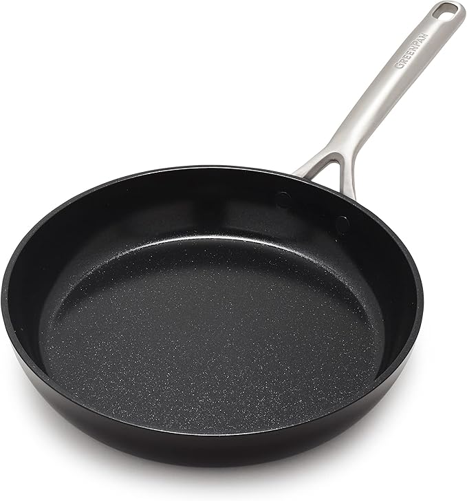 GreenPan GP5 Hard Anodized Healthy Ceramic Nonstick 10" Frying Pan Skillet, Heavy Gauge Scratch Resistant, Stay Flat Surface, Induction, Mirror Finish Handle,Oven Safe, PFAS-Free, Black
