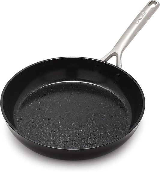 GreenPan GP5 Hard Anodized Healthy Ceramic Nonstick 10" Frying Pan Skillet, Heavy Gauge Scratch Resistant, Stay Flat Surface, Induction, Mirror Finish Handle,Oven Safe, PFAS-Free, Black