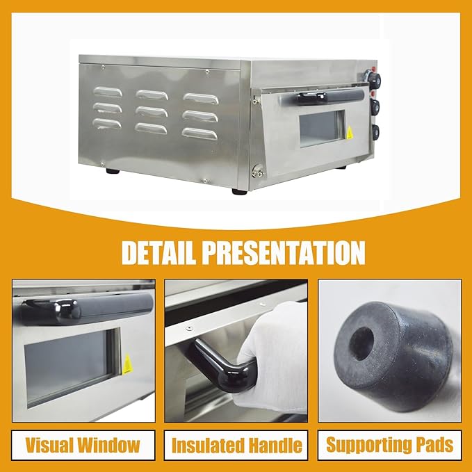 110V Commercial Pizza Oven Single-Deck Electric Countertop Pizza Baking Machine 2KW Stainless Steel Portable Oven with Time Control 0-120min for Home and Restaurant