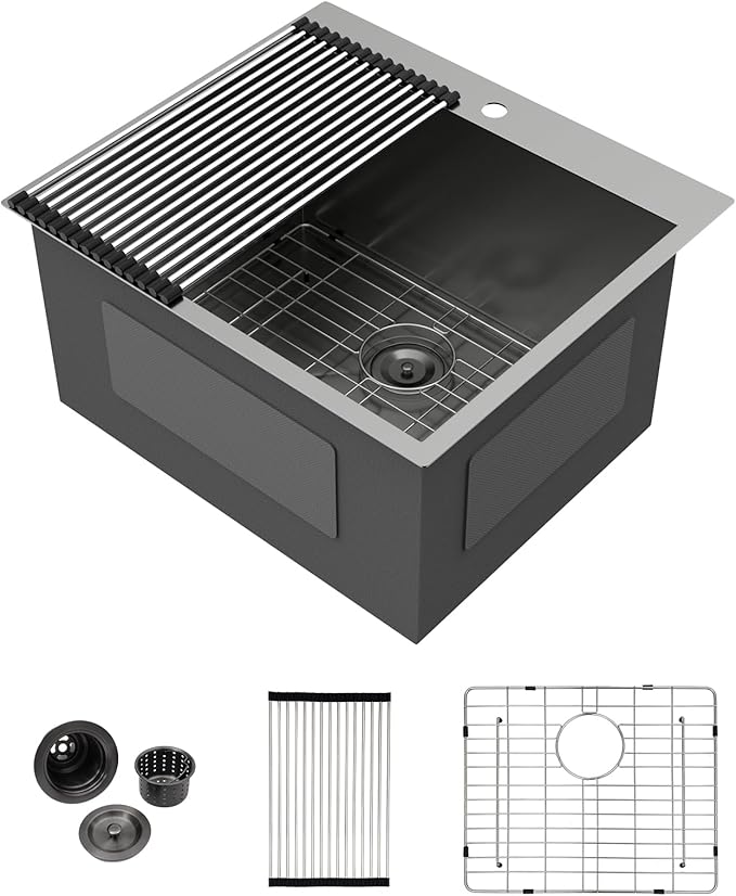 25 Inch Deep Drop In Laundry Sink - Ghomeg 25x22x13 Inch Black Laundry Utility Sink Drop In Topmount Single Bowl 16 Gauge Stainless Steel Above Counter Kitchen Laundry Room Sinks