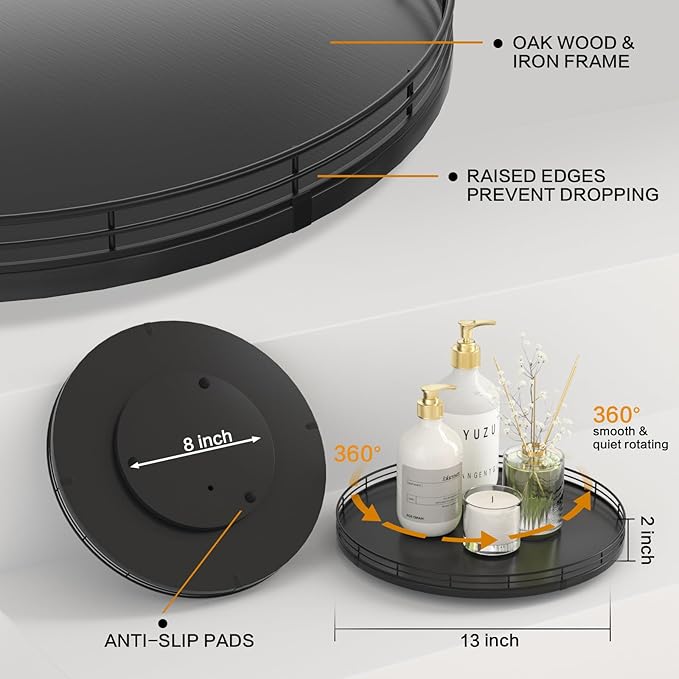 13" Oak Wood Lazy Susan Organizer, Lazy Susan for Cabinet Dining Table Pantry Wood Turntable Organizer Tray for Coffee Table Kitchen Countertop Salt Pepper Spice Organization and Storage Round Black