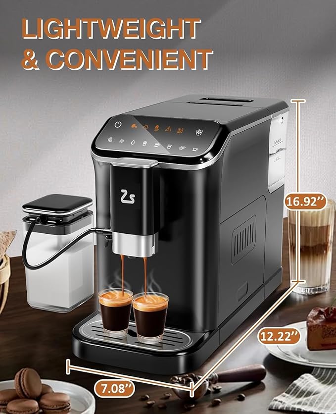 Fully Automatic Espresso Machine with Self-Cleaning Function, Brewing System and Automatic Milk Frothing System, 6 One-Touch Programs, 1.5L Detachable Water Tank for Home/Office Use, Black