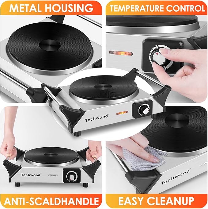 Hot Plate, Techwood Single Burner for Cooking, 1500W Countertop Electric Stove with Adjustable Temperature & Stay Cool Handles, 7.3" Cooktop for RV/Home, Upgraded Version Silver