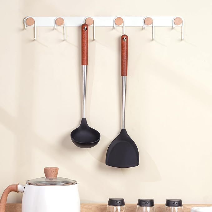 FJNATINH Silicone Spatula and Ladle Set - Stainless Steel Non Stick Heat-Resistant Kitchen Utensils BPA Free Cooking Utensils Cookware Wooden Handle, Pack of 2