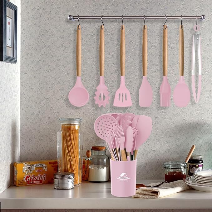 MIBOTE Silicone Cooking Kitchen Utensils Set with Holder, Wooden Handles BPA Free Silicone Turner Tongs Spatula Spoon Kitchen Gadgets Utensil Set for Nonstick Cookware (Pinky)
