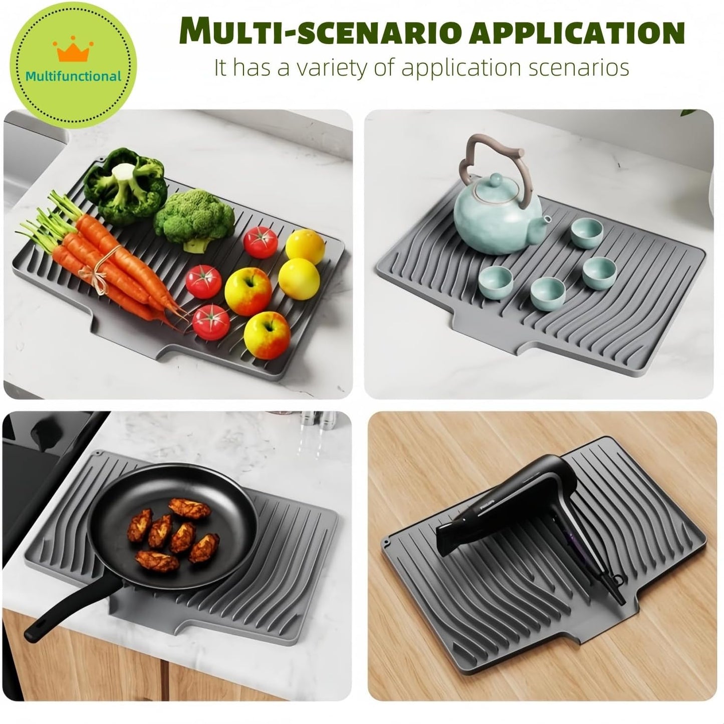 CIEO Silicone Dish Drying Mat for Kitchen Counter, Slope Fast Self-Draining, Non-Slip Drain Pad, Easy Clean Countertop Protection Mat, Multiple Use for Dishes Drying Rack（18.9"x 13.58",Black）