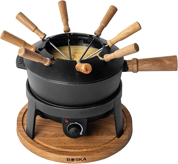 BOSKA Electric Fondue Set Pro/For Cheese, Chocolate and Broth Fondue / 8 people/Robust Cast-Iron/High Quality Materials/Splash Guard Included/Extra-long Cord/Black