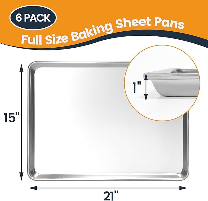 6 Pack Big Size Baking Sheet Pan, Aluminum Commercial Cookie Sheet Pan, Durable & Anti-Stick 15”x 21”