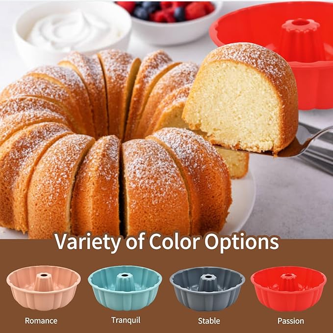 2 Pack Silicone Cake Pan Nonstick,10 Inch, Silicone Cake Molds,Pound Pan, Baking Cake Pan for Jello,Gelatin,Cake,Brownie and Bread (Red+Pink)