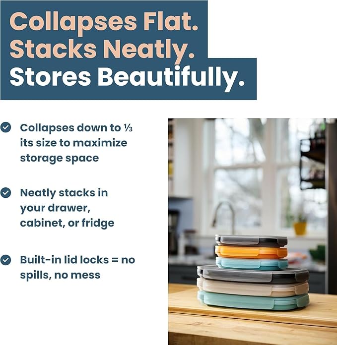 Drip EZ Secondz Collapsible Food Storage Containers – Set of 2, Space-Saving Airtight Meal Prep & Leftover Containers – Microwave, Freezer & Dishwasher Safe, BPA-Free, Locking Lids – Charcoal