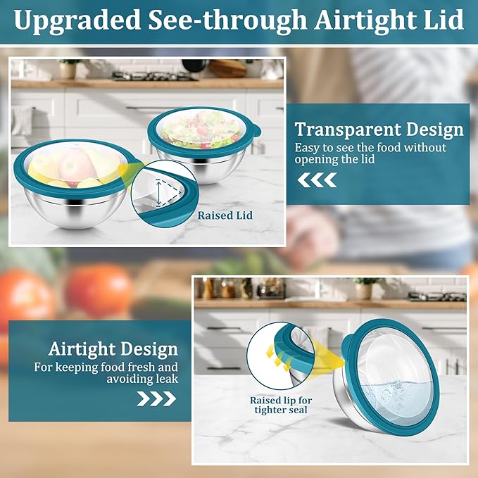 P&P CHEF Mixing Bowls with Visible Airtight Lids Set of 5, 10-Piece Stainless Steel Mixing Nesting Bowl, Metal Bowl with Lid for Kitchen Prepping & Storing, Size 4.6, 3, 1.5, 1, 0.7 QT, Blue