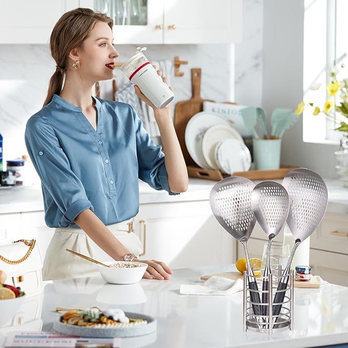 Utensil Holder for Kitchen Counter - 6.1" X 4.8" Large Metal Cooking Utensil Crock Stainless Steel Utensil Holder Container Canister Spatula Spoon Caddy Organizer-Brushed- Heavy Base, Silver