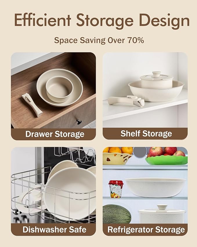 Ceramic Cookware Sets, Pots and Pans Set Nonstick, 8Pcs Induction Cookware, Healthy Detachable Handle Cookware Set, PFAS PTFE PFOA PFOS Free Orange