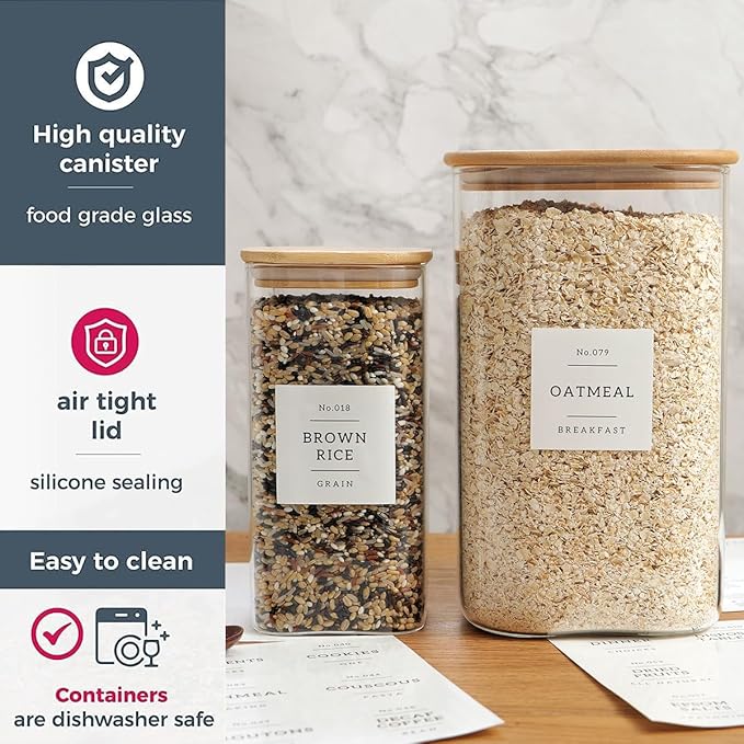 Glass Pantry Storage Containers with 132 Kitchen Pantry Labels, 138/50 oz Large Square Flour and Sugar Containers with Airtight Lids, Gallon Glass Jars with Bamboo Lids for Rice, Pasta, Cookies, grain