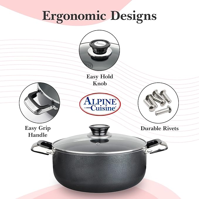 Alpine Cuisine 13 Quart Non-stick Stock Pot with Tempered Glass Lid and Carrying Handles, Multi-Purpose Cookware Aluminum Dutch Oven for Braising, Boiling, Stewing