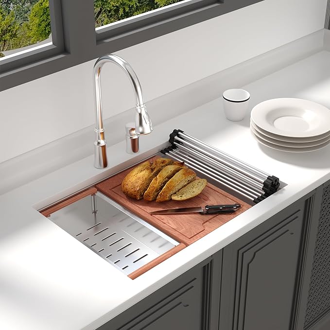 Lordear 27 Undermount Kitchen Sink 27x19 Inch 16 Gauge Stainless Steel Kitchen Sinks Under Counter Ledge Workstation Single Bowl Basin