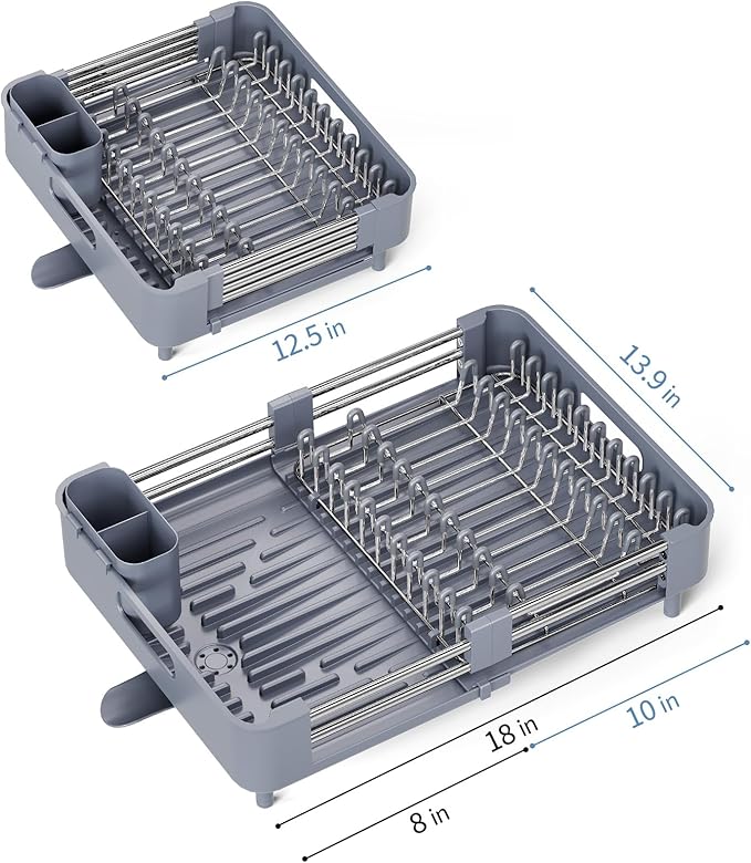 Dish Drying Rack for Kitchen Counter, Extendable Dish Rack with Drainboard, Collapsible Dish Drainer, Expandable Dish Strainer with Cutlery Holder, Foldable Home Countertop Plate Storage Rack, Gray