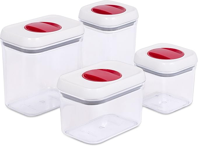 INTERNET'S BEST Spin Lock Airtight Kitchen Canisters - Food Storage Containers with Twist Lock for Sugar, Flour, Pasta, Nuts - Stackable Design - 2 Rectangular & 2 Square Clear Plastic Bins - Set of 4